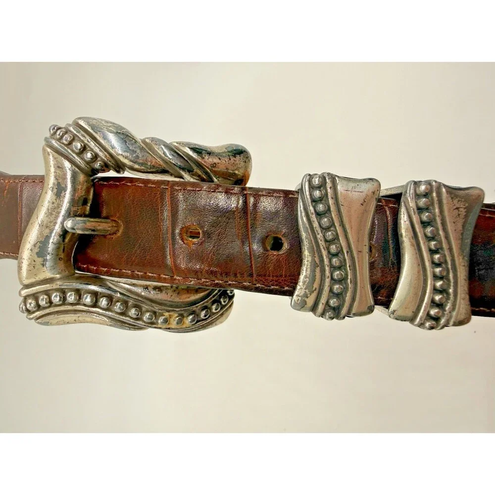 Onyx by Brighton Leather Belt Size 28 Brown 1993 Western 19809 Ornate‎ Buckle
